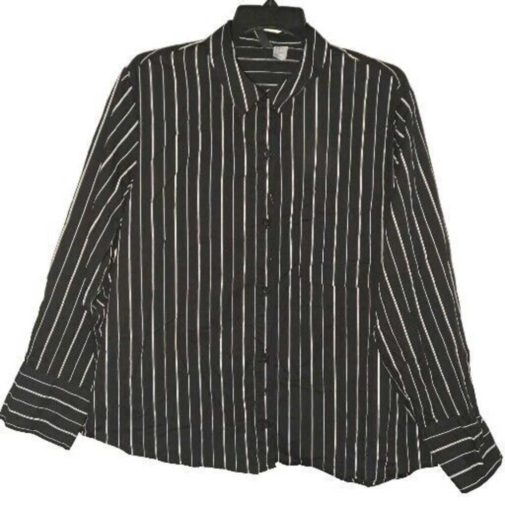 Divided H&M Women Top M Black White Striped Long Sleeve Button Up Shirt Pocket